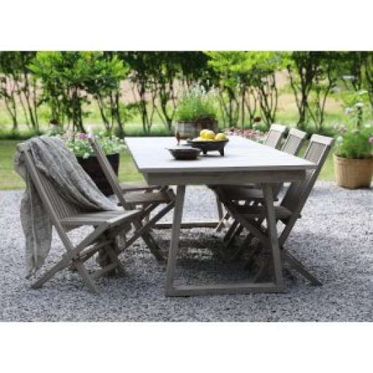 Matgrupp Saltö grå teak: Bord 240 cm inklusive 6 st fällbara stolar i grå teak - Utematgrupper