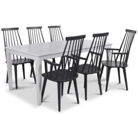 Mellby matgrupp 180 cm bord med 6 st svarta Dalsland Pinnstolar med armstöd - Matgrupper